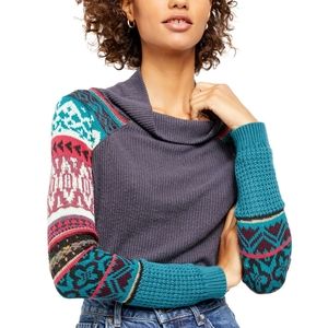 NWT $98 Free People Prism Swit Top Sweater Charcoal Combo XS